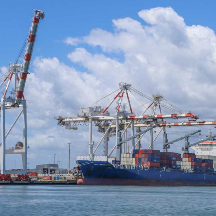 Aerial view of container port terminal with cargo ships